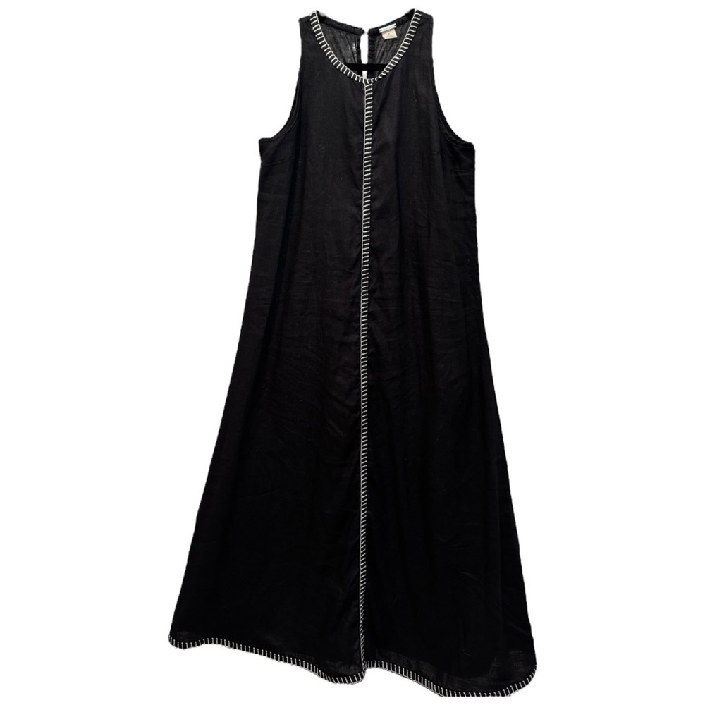 🖤 Magaschoni 100% Linen Black Sleeveless Midi Dress | Size 8 | Trim Detail